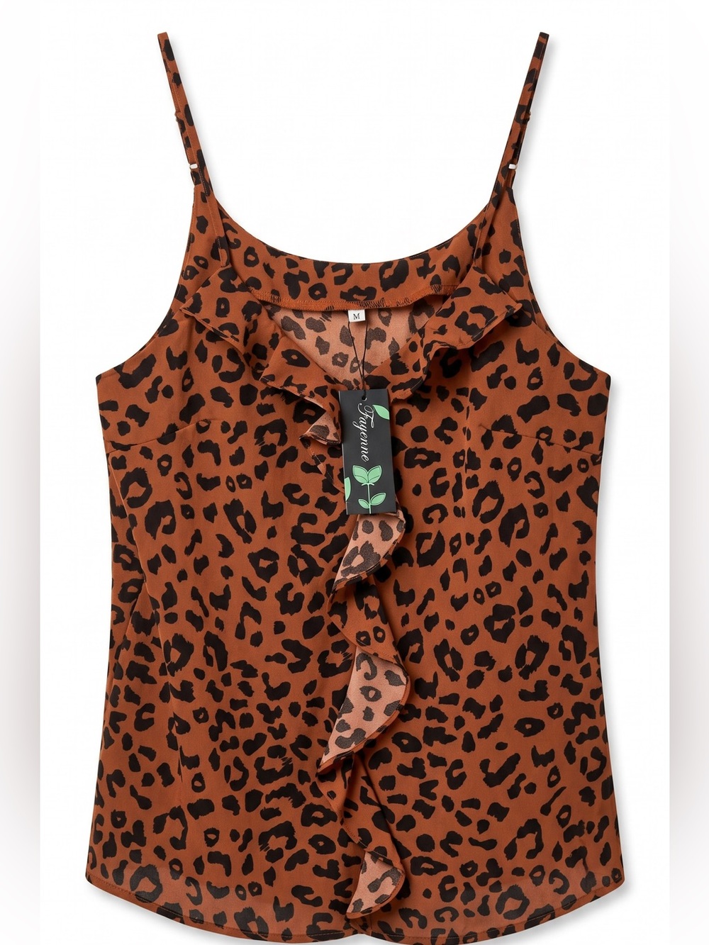 🆕 Fayenne Women Tank Top Ruffle Spaghetti Strap Sexy Leopard Print Sleeveless M